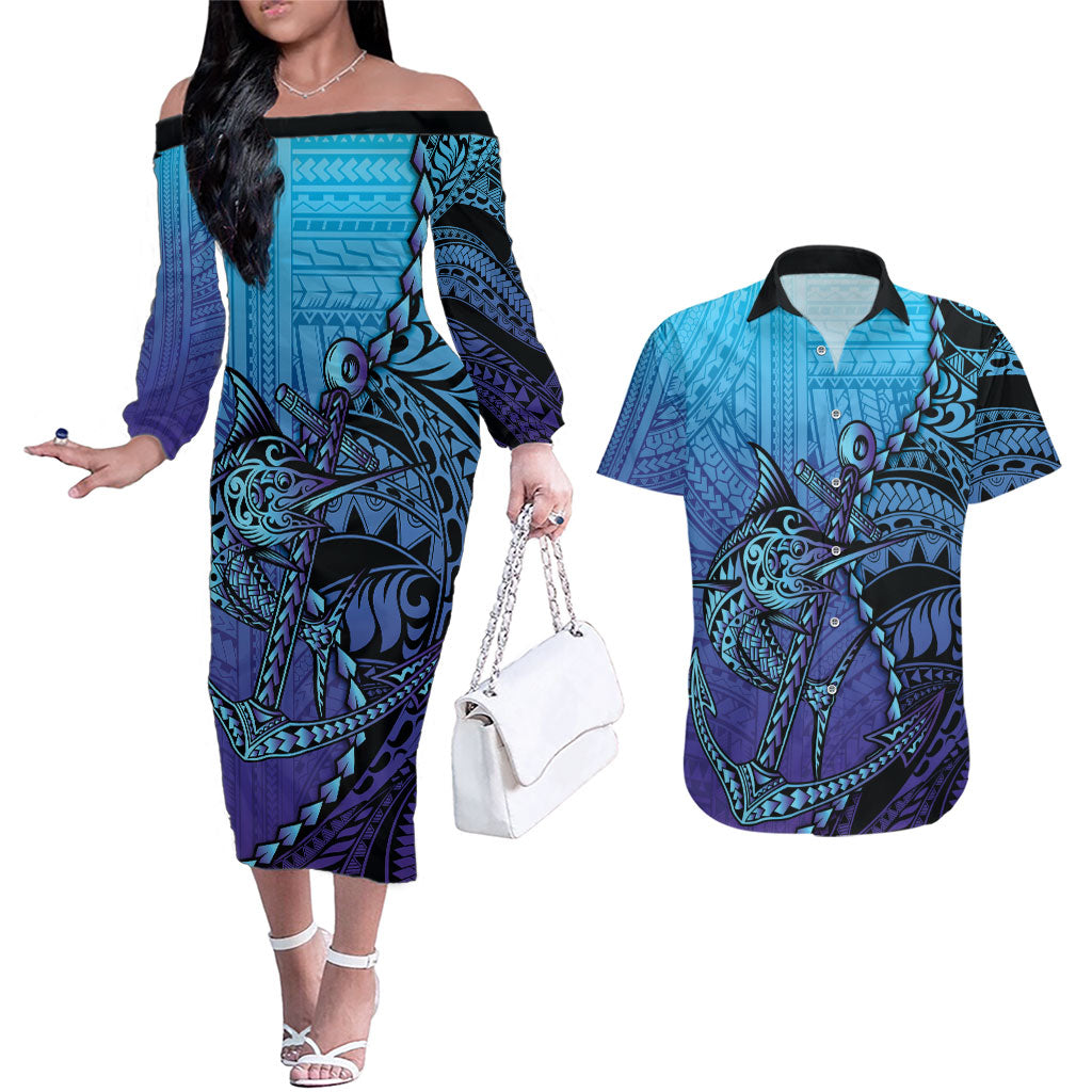 Personalised Polynesia Blue Marlin Fishing Couples Matching Off The Shoulder Long Sleeve Dress and Hawaiian Shirt Marlin Anchor Tattoo Polynesian Pattern
