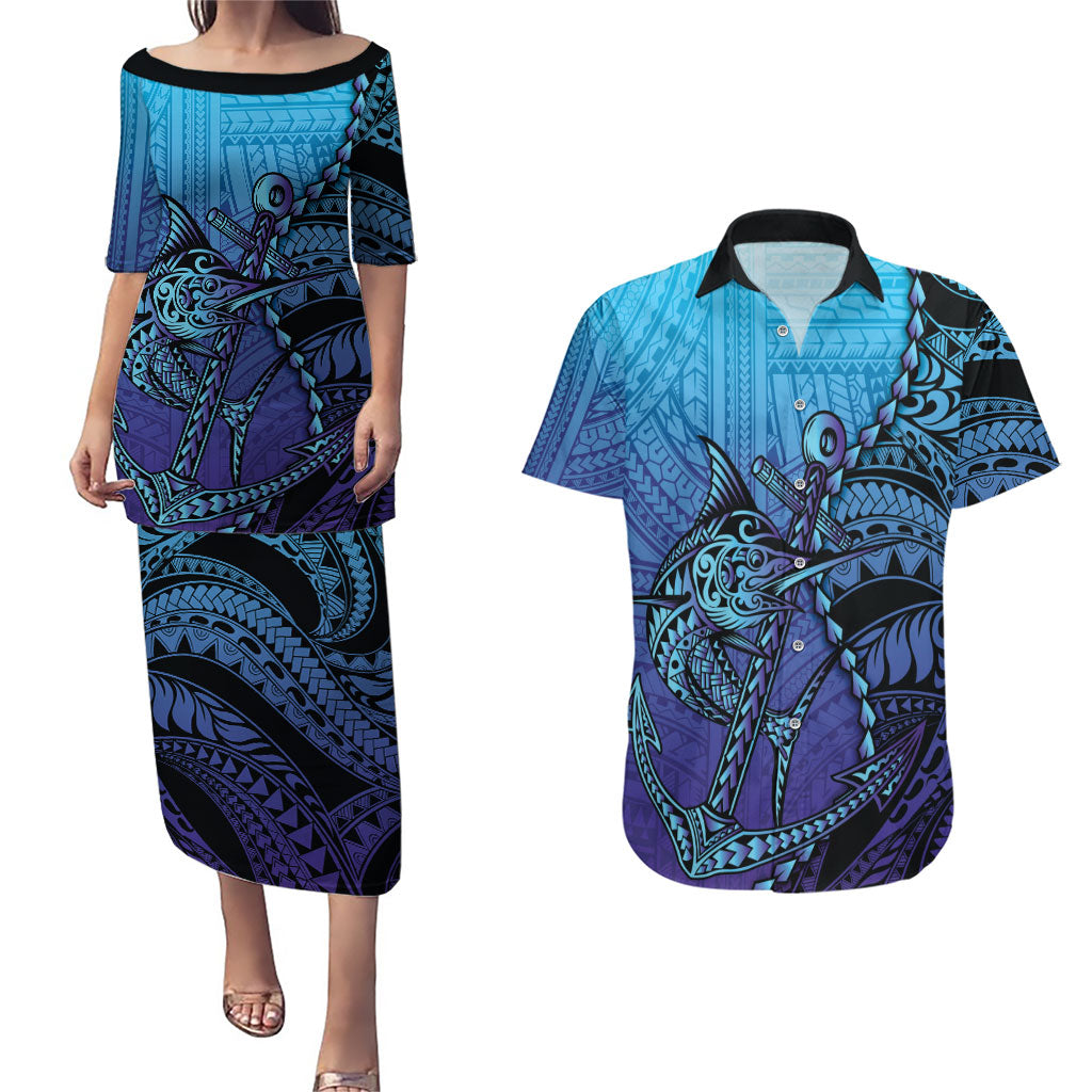 Personalised Polynesia Blue Marlin Fishing Couples Matching Puletasi and Hawaiian Shirt Marlin Anchor Tattoo Polynesian Pattern