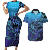 Personalised Polynesia Blue Marlin Fishing Couples Matching Short Sleeve Bodycon Dress and Hawaiian Shirt Marlin Anchor Tattoo Polynesian Pattern