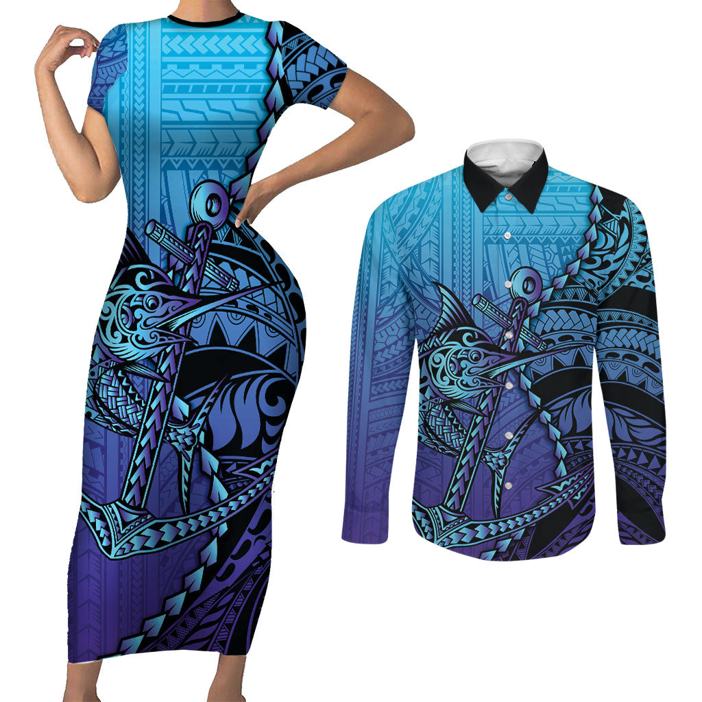 Personalised Polynesia Blue Marlin Fishing Couples Matching Short Sleeve Bodycon Dress and Long Sleeve Button Shirt Marlin Anchor Tattoo Polynesian Pattern