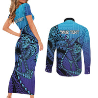 Personalised Polynesia Blue Marlin Fishing Couples Matching Short Sleeve Bodycon Dress and Long Sleeve Button Shirt Marlin Anchor Tattoo Polynesian Pattern