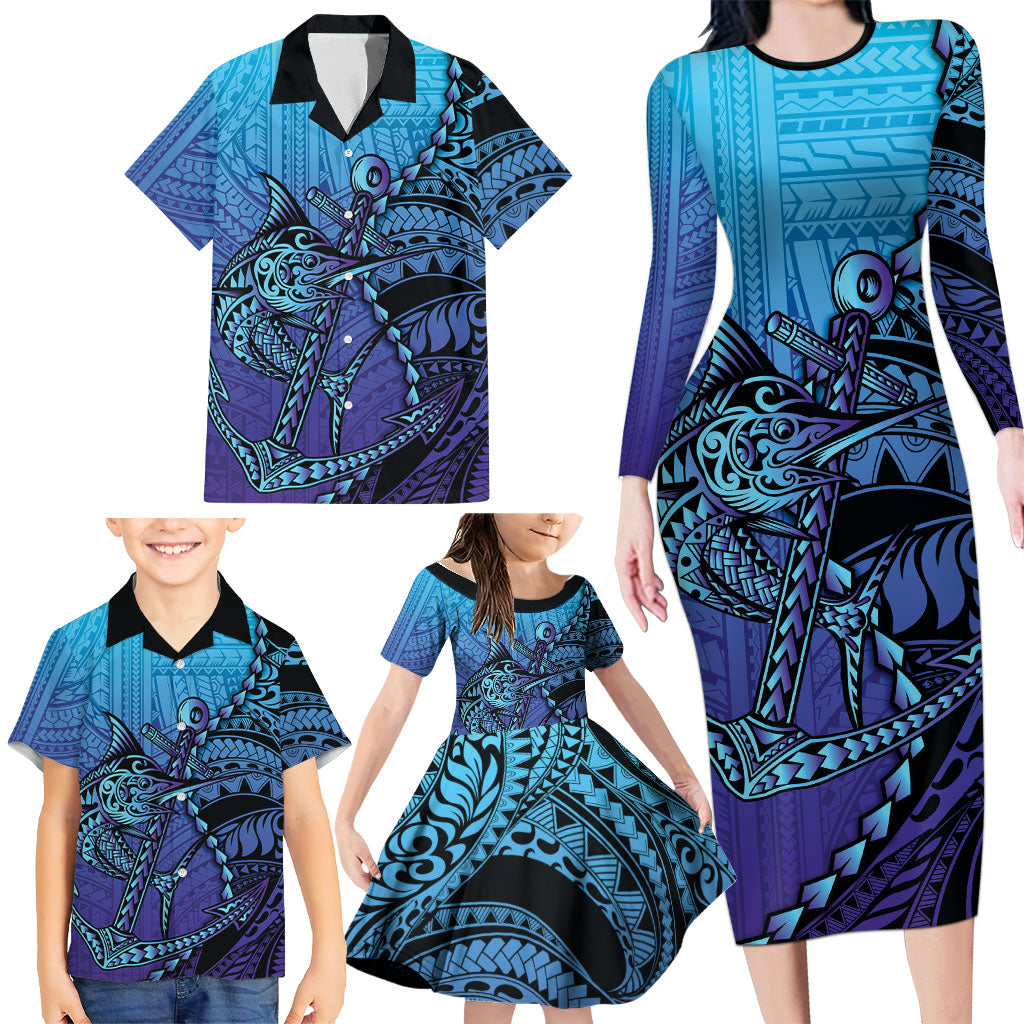 Personalised Polynesia Blue Marlin Fishing Family Matching Long Sleeve Bodycon Dress and Hawaiian Shirt Marlin Anchor Tattoo Polynesian Pattern