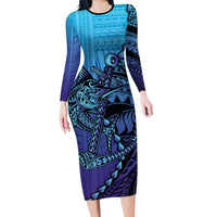 Personalised Polynesia Blue Marlin Fishing Family Matching Long Sleeve Bodycon Dress and Hawaiian Shirt Marlin Anchor Tattoo Polynesian Pattern