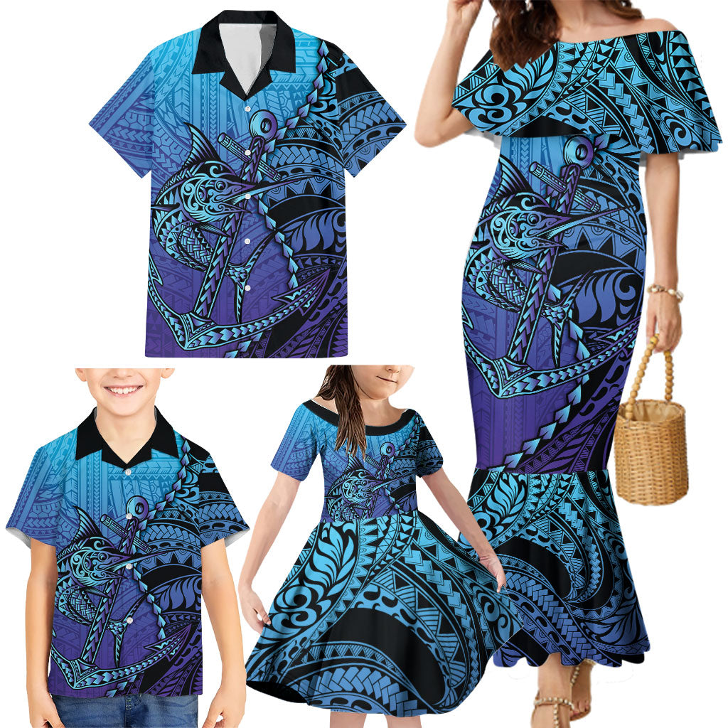 Personalised Polynesia Blue Marlin Fishing Family Matching Mermaid Dress and Hawaiian Shirt Marlin Anchor Tattoo Polynesian Pattern