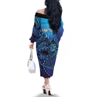 Personalised Polynesia Blue Marlin Fishing Family Matching Off The Shoulder Long Sleeve Dress and Hawaiian Shirt Marlin Anchor Tattoo Polynesian Pattern