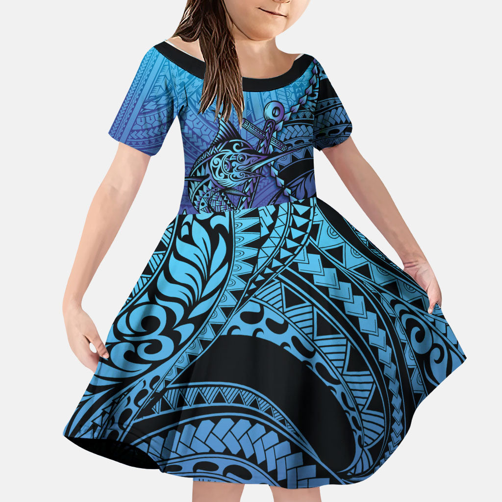 Personalised Polynesia Blue Marlin Fishing Family Matching Puletasi and Hawaiian Shirt Marlin Anchor Tattoo Polynesian Pattern LT14 Daughter's Dress Purple - Polynesian Pride