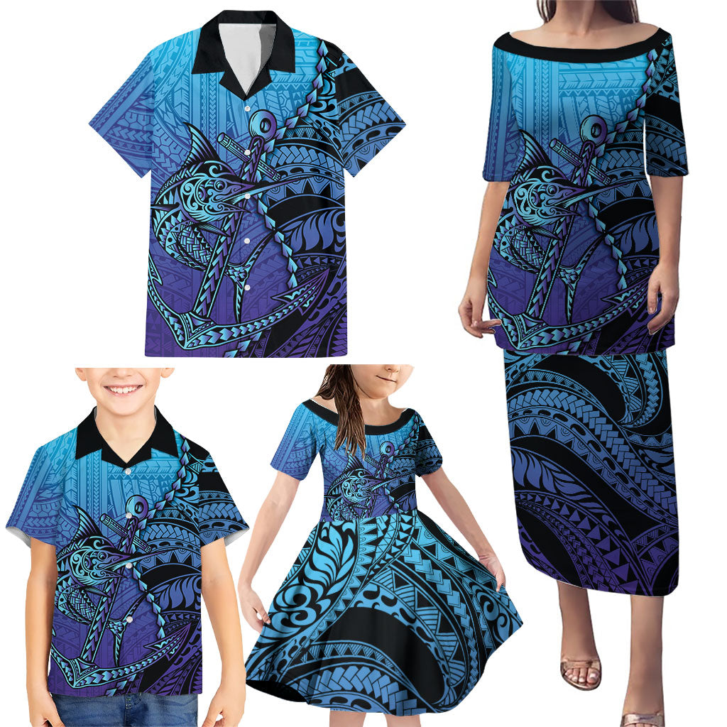 Personalised Polynesia Blue Marlin Fishing Family Matching Puletasi and Hawaiian Shirt Marlin Anchor Tattoo Polynesian Pattern LT14 - Polynesian Pride