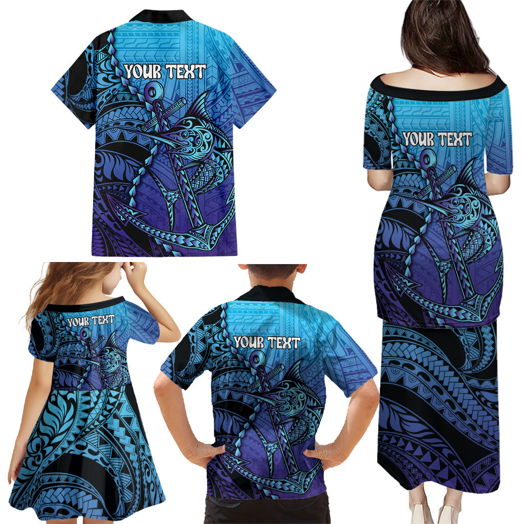 Personalised Polynesia Blue Marlin Fishing Family Matching Puletasi and Hawaiian Shirt Marlin Anchor Tattoo Polynesian Pattern LT14 - Polynesian Pride