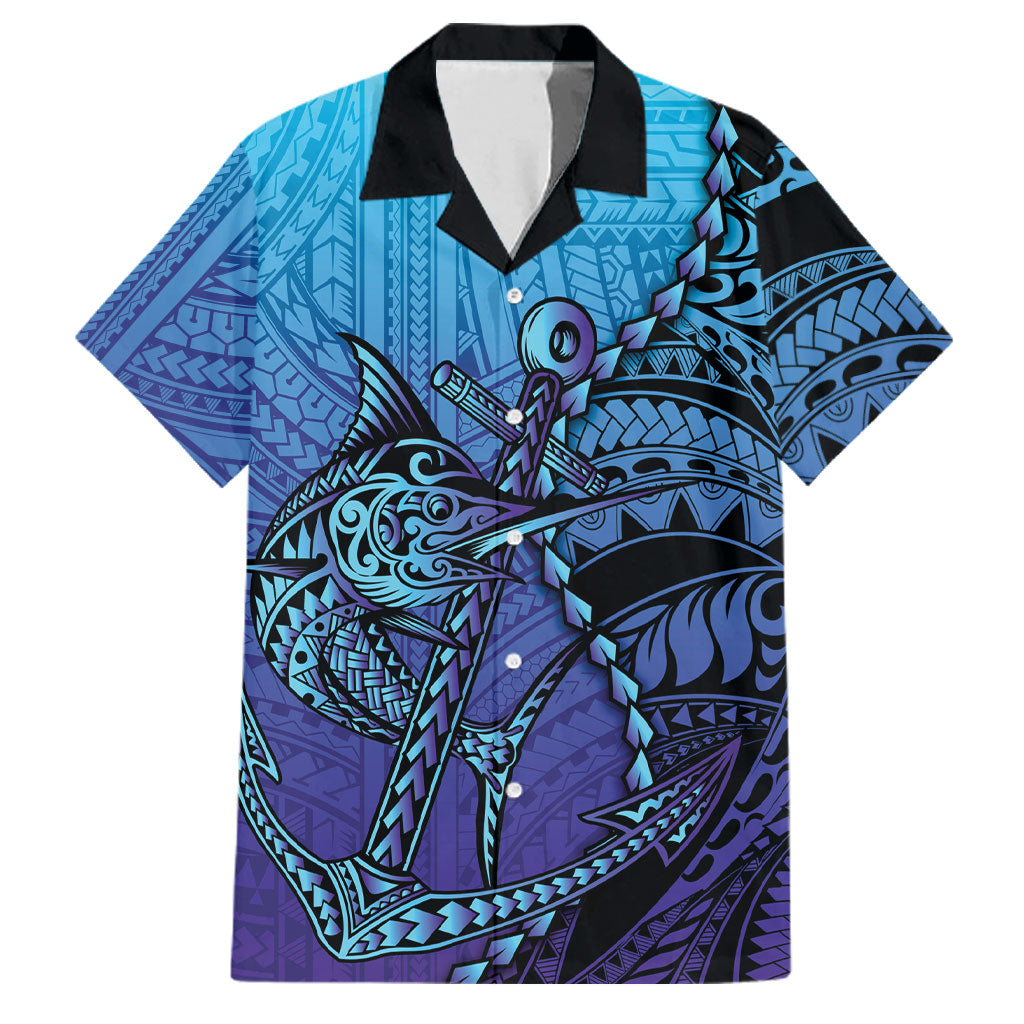 Personalised Polynesia Blue Marlin Fishing Family Matching Puletasi and Hawaiian Shirt Marlin Anchor Tattoo Polynesian Pattern LT14 Dad's Shirt - Short Sleeve Purple - Polynesian Pride