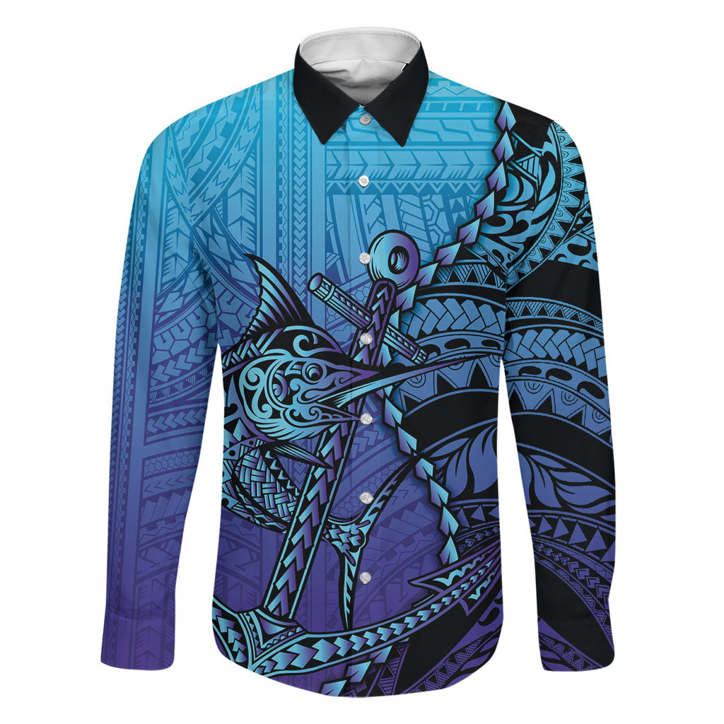 Personalised Polynesia Blue Marlin Fishing Family Matching Puletasi and Hawaiian Shirt Marlin Anchor Tattoo Polynesian Pattern LT14 Dad's Shirt - Long Sleeve Purple - Polynesian Pride