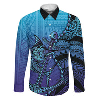 Personalised Polynesia Blue Marlin Fishing Family Matching Puletasi and Hawaiian Shirt Marlin Anchor Tattoo Polynesian Pattern LT14 Dad's Shirt - Long Sleeve Purple - Polynesian Pride