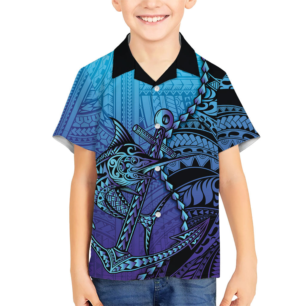 Personalised Polynesia Blue Marlin Fishing Family Matching Puletasi and Hawaiian Shirt Marlin Anchor Tattoo Polynesian Pattern LT14 Son's Shirt Purple - Polynesian Pride