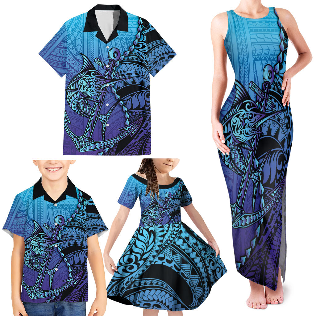 Personalised Polynesia Blue Marlin Fishing Family Matching Tank Maxi Dress and Hawaiian Shirt Marlin Anchor Tattoo Polynesian Pattern
