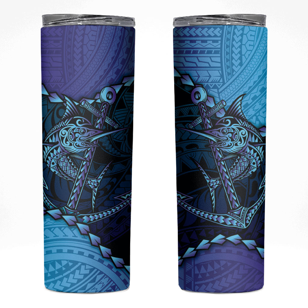 Personalised Polynesia Blue Marlin Fishing Skinny Tumbler Marlin Anchor Tattoo Polynesian Pattern