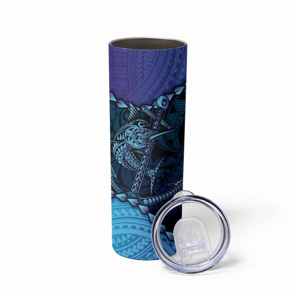 Personalised Polynesia Blue Marlin Fishing Skinny Tumbler Marlin Anchor Tattoo Polynesian Pattern