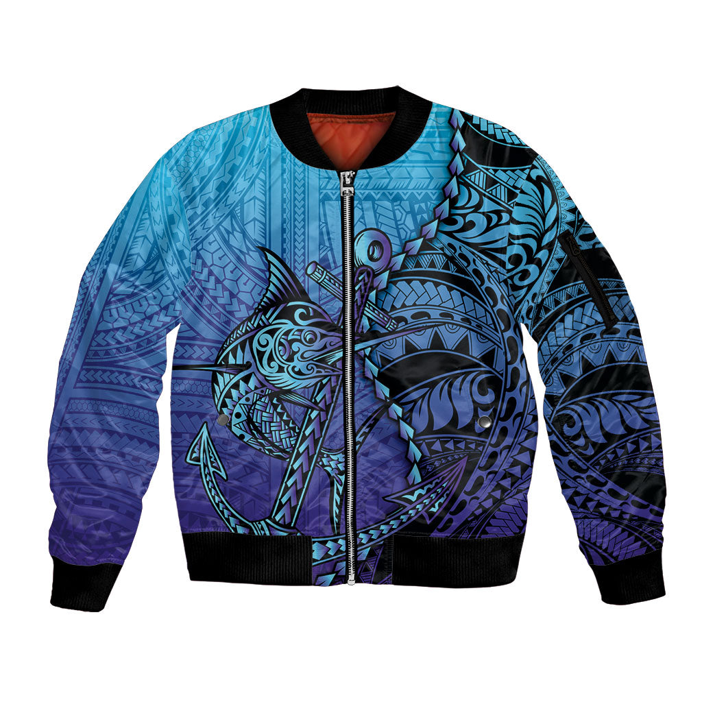 Personalised Polynesia Blue Marlin Fishing Sleeve Zip Bomber Jacket Marlin Anchor Tattoo Polynesian Pattern