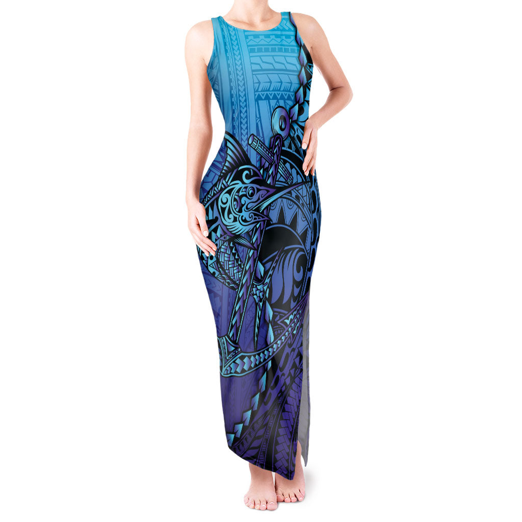 Personalised Polynesia Blue Marlin Fishing Tank Maxi Dress Marlin Anchor Tattoo Polynesian Pattern