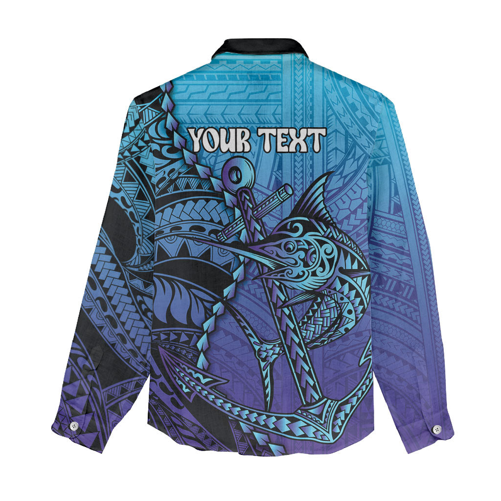 Personalised Polynesia Blue Marlin Fishing Women Casual Shirt Marlin Anchor Tattoo Polynesian Pattern