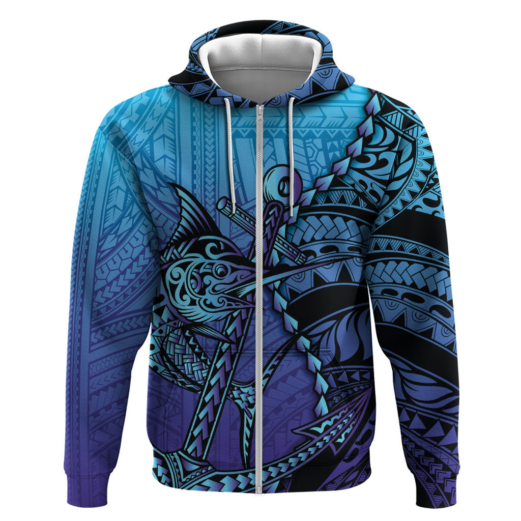 Personalised Polynesia Blue Marlin Fishing Zip Hoodie Marlin Anchor Tattoo Polynesian Pattern LT14 Zip Hoodie Purple - Polynesian Pride