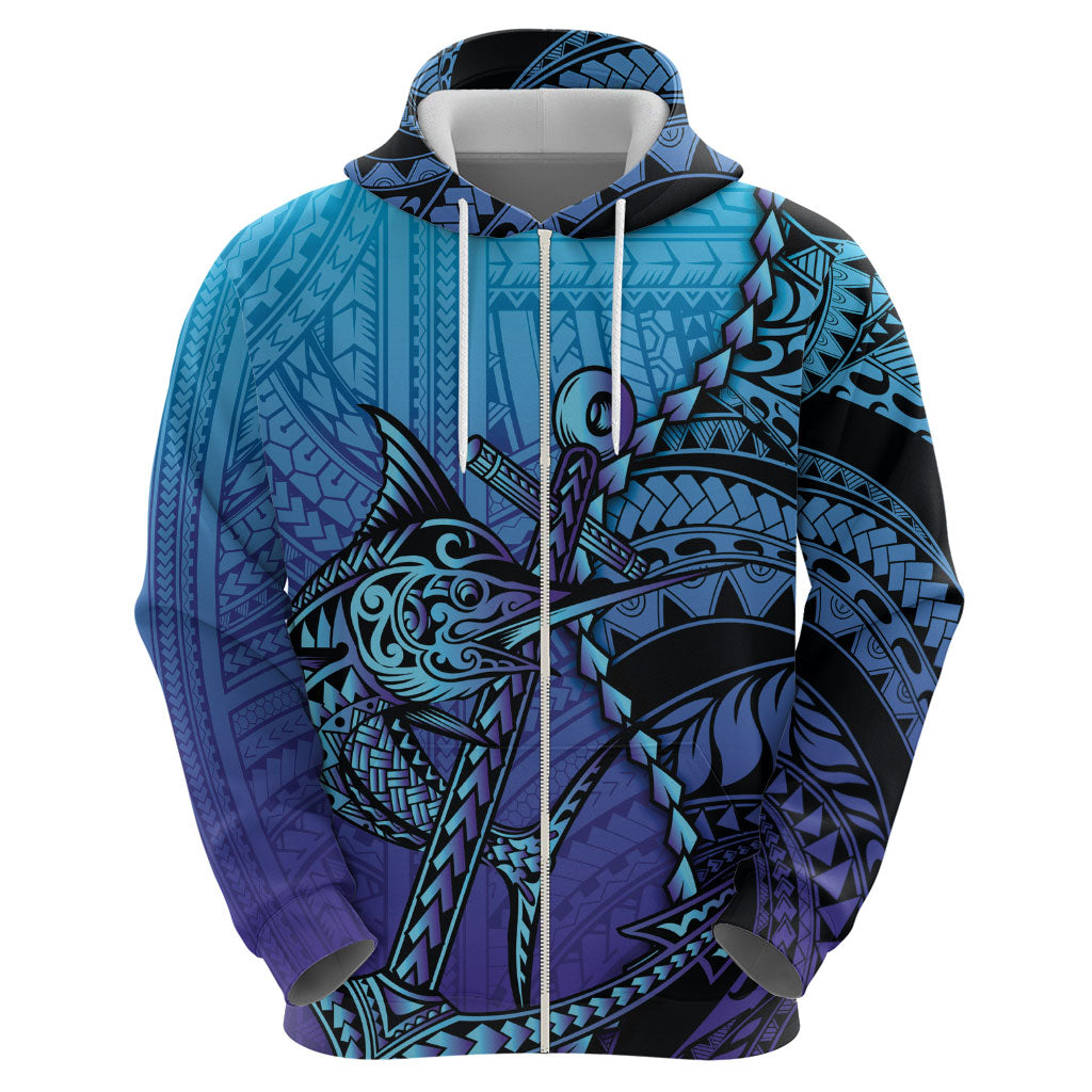 Personalised Polynesia Blue Marlin Fishing Zip Hoodie Marlin Anchor Tattoo Polynesian Pattern LT14 - Polynesian Pride