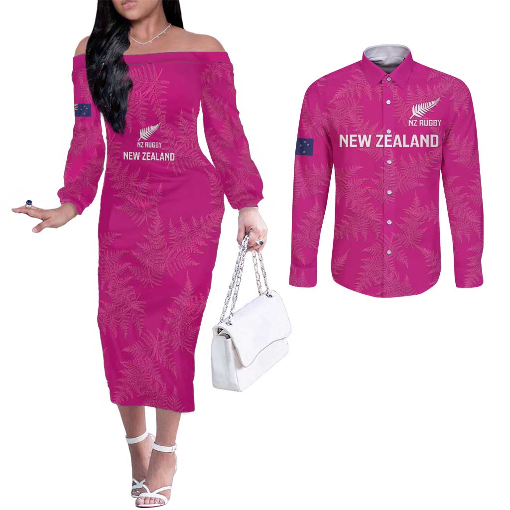 Custom New Zealand Silver Fern Rugby Couples Matching Off The Shoulder Long Sleeve Dress and Long Sleeve Button Shirt Go Aotearoa - Pink Version