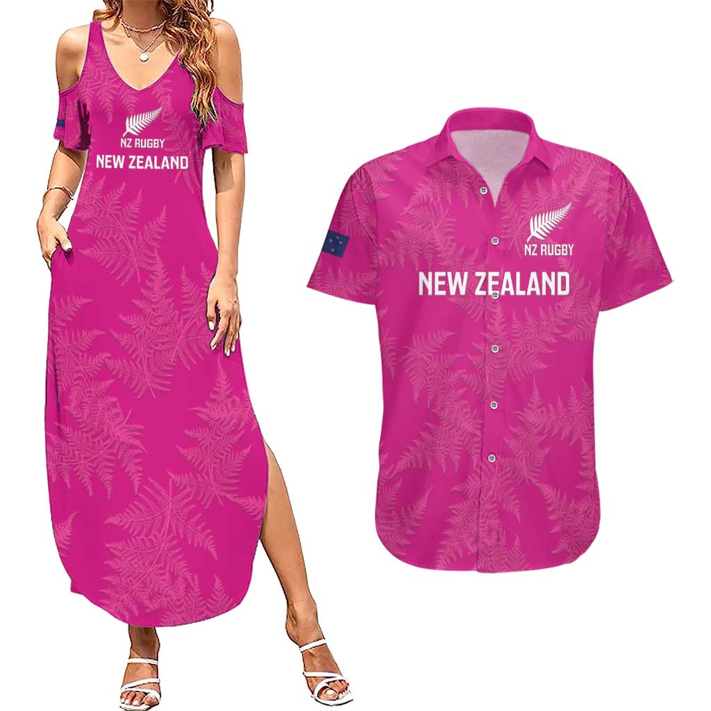 Custom New Zealand Silver Fern Rugby Couples Matching Summer Maxi Dress and Hawaiian Shirt Go Aotearoa - Pink Version