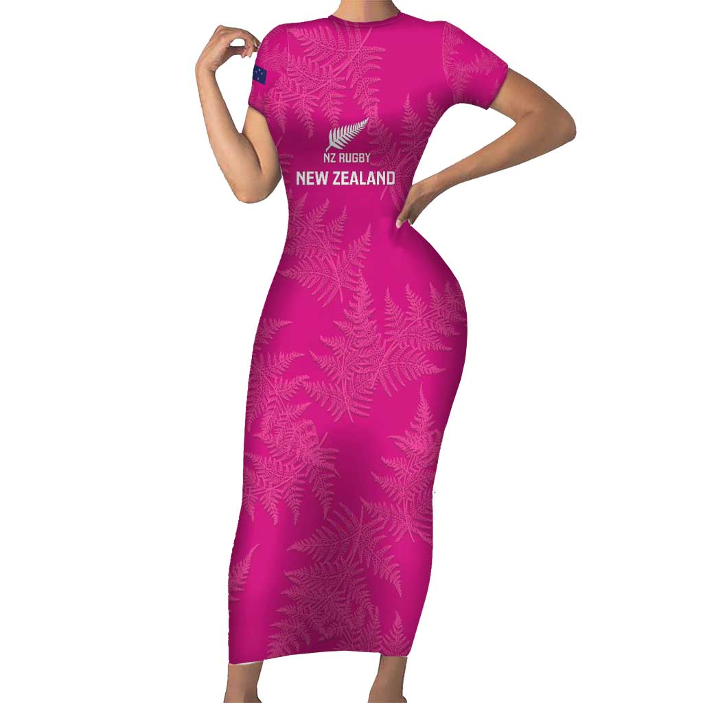 Custom New Zealand Silver Fern Rugby Short Sleeve Bodycon Dress Go Aotearoa - Pink Version