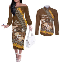 Personalised Tonga Language Week Couples Matching Off The Shoulder Long Sleeve Dress and Long Sleeve Button Shirt Malo e Lelei Tongan Ngatu Pattern - Brown LT14 Brown - Polynesian Pride