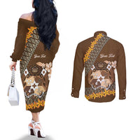 Personalised Tonga Language Week Couples Matching Off The Shoulder Long Sleeve Dress and Long Sleeve Button Shirt Malo e Lelei Tongan Ngatu Pattern - Brown LT14 - Polynesian Pride