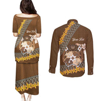 Personalised Tonga Language Week Couples Matching Puletasi and Long Sleeve Button Shirt Malo e Lelei Tongan Ngatu Pattern - Brown LT14 - Polynesian Pride