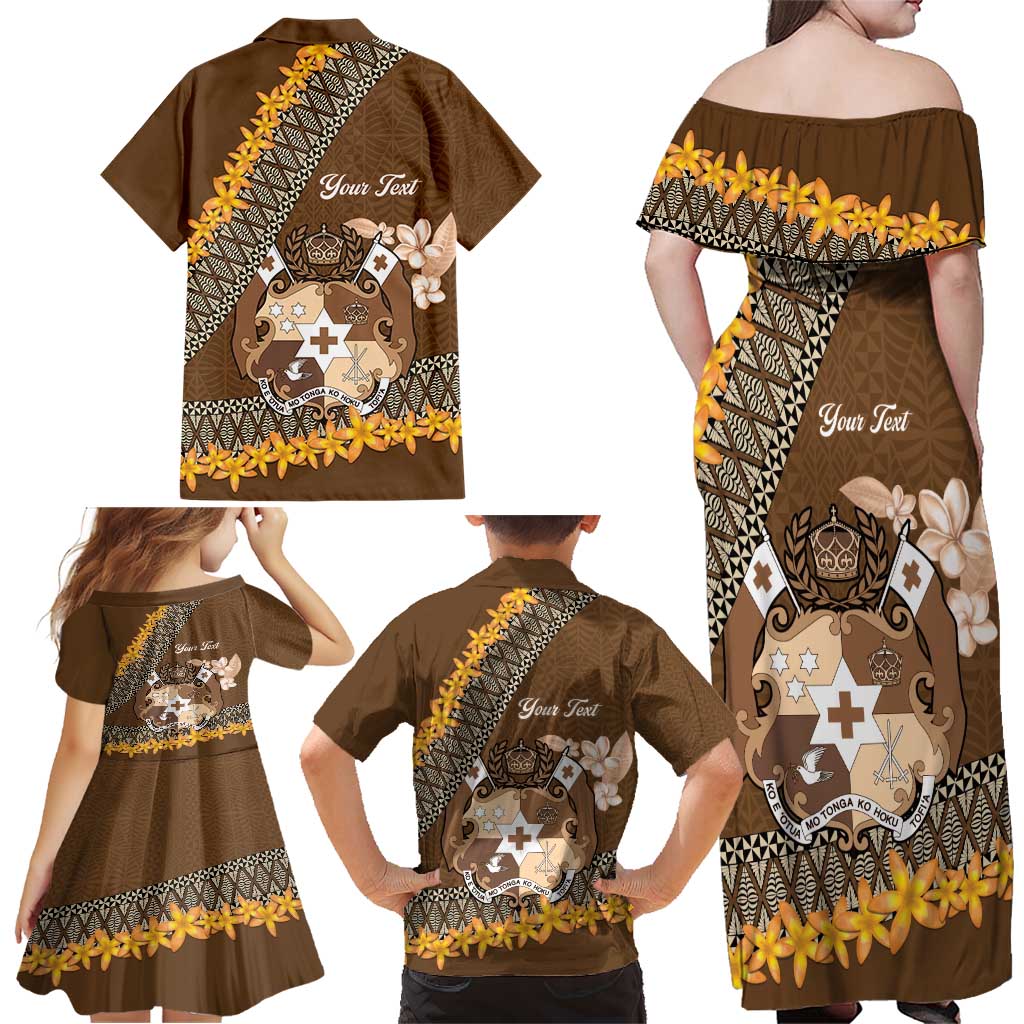 Personalised Tonga Language Week Family Matching Off Shoulder Maxi Dress and Hawaiian Shirt Malo e Lelei Tongan Ngatu Pattern - Brown