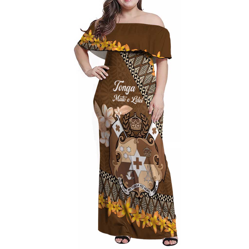 Personalised Tonga Language Week Family Matching Off Shoulder Maxi Dress and Hawaiian Shirt Malo e Lelei Tongan Ngatu Pattern - Brown