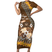 Personalised Tonga Language Week Family Matching Short Sleeve Bodycon Dress and Hawaiian Shirt Malo e Lelei Tongan Ngatu Pattern - Brown