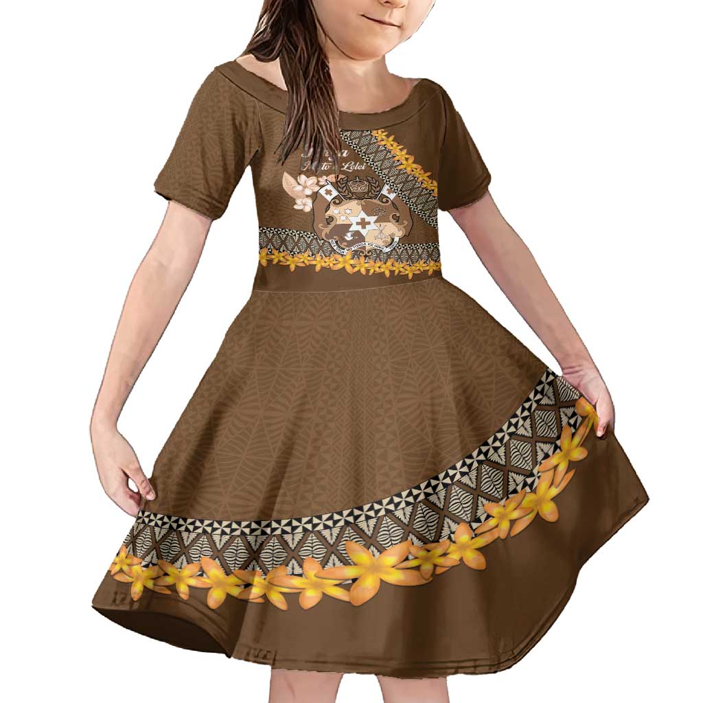 Personalised Tonga Language Week Family Matching Tank Maxi Dress and Hawaiian Shirt Malo e Lelei Tongan Ngatu Pattern - Brown LT14 Daughter's Dress Brown - Polynesian Pride