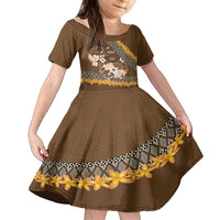 Personalised Tonga Language Week Family Matching Tank Maxi Dress and Hawaiian Shirt Malo e Lelei Tongan Ngatu Pattern - Brown LT14 Daughter's Dress Brown - Polynesian Pride