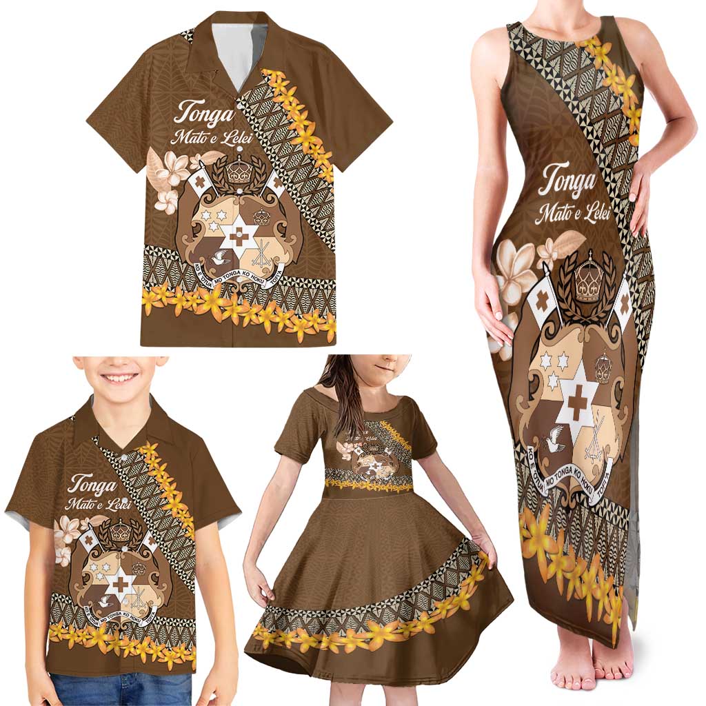 Personalised Tonga Language Week Family Matching Tank Maxi Dress and Hawaiian Shirt Malo e Lelei Tongan Ngatu Pattern - Brown LT14 - Polynesian Pride