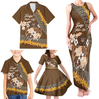 Personalised Tonga Language Week Family Matching Tank Maxi Dress and Hawaiian Shirt Malo e Lelei Tongan Ngatu Pattern - Brown LT14 - Polynesian Pride