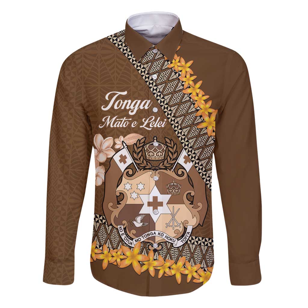 Personalised Tonga Language Week Family Matching Tank Maxi Dress and Hawaiian Shirt Malo e Lelei Tongan Ngatu Pattern - Brown LT14 Dad's Shirt - Long Sleeve Brown - Polynesian Pride