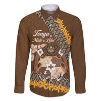 Personalised Tonga Language Week Family Matching Tank Maxi Dress and Hawaiian Shirt Malo e Lelei Tongan Ngatu Pattern - Brown LT14 Dad's Shirt - Long Sleeve Brown - Polynesian Pride