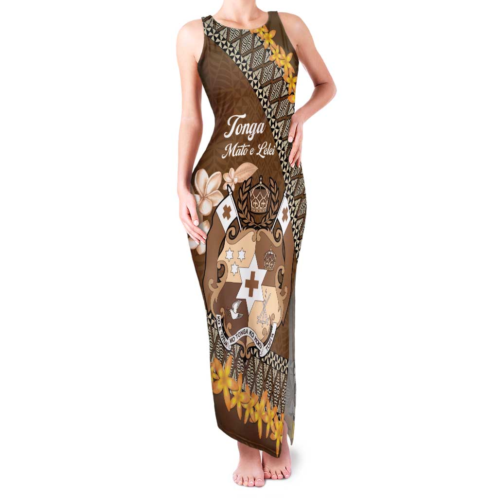 Personalised Tonga Language Week Family Matching Tank Maxi Dress and Hawaiian Shirt Malo e Lelei Tongan Ngatu Pattern - Brown LT14 Mom's Dress Brown - Polynesian Pride