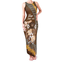 Personalised Tonga Language Week Family Matching Tank Maxi Dress and Hawaiian Shirt Malo e Lelei Tongan Ngatu Pattern - Brown LT14 Mom's Dress Brown - Polynesian Pride