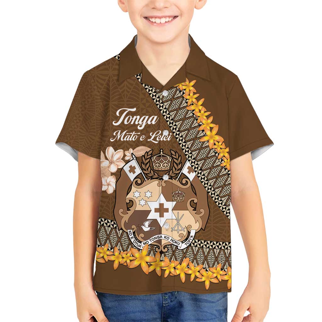 Personalised Tonga Language Week Family Matching Tank Maxi Dress and Hawaiian Shirt Malo e Lelei Tongan Ngatu Pattern - Brown LT14 Son's Shirt Brown - Polynesian Pride