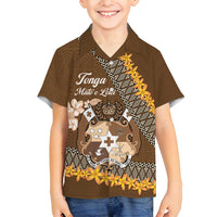 Personalised Tonga Language Week Family Matching Tank Maxi Dress and Hawaiian Shirt Malo e Lelei Tongan Ngatu Pattern - Brown LT14 Son's Shirt Brown - Polynesian Pride