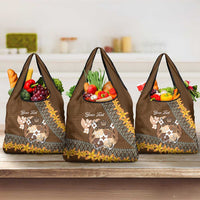 Personalised Tonga Language Week Grocery Bag Malo e Lelei Tongan Ngatu Pattern - Brown