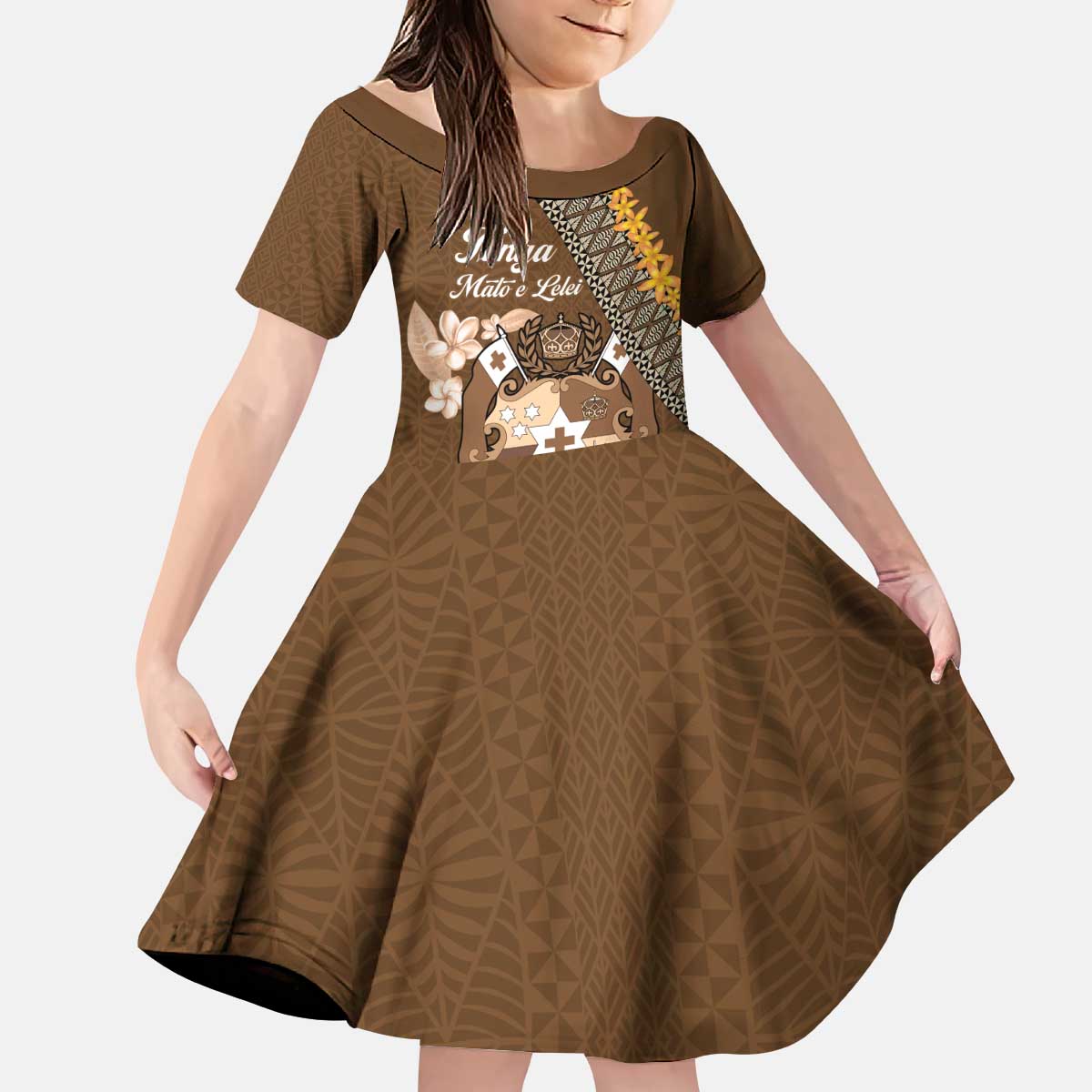 Personalised Tonga Language Week Kid Short Sleeve Dress Malo e Lelei Tongan Ngatu Pattern - Brown LT14 KID Brown - Polynesian Pride