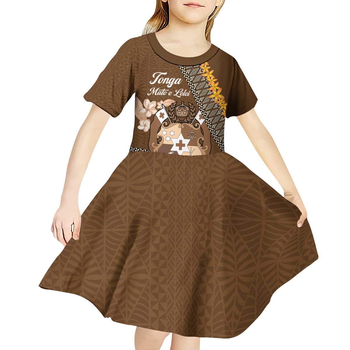 Personalised Tonga Language Week Kid Short Sleeve Dress Malo e Lelei Tongan Ngatu Pattern - Brown LT14 - Polynesian Pride