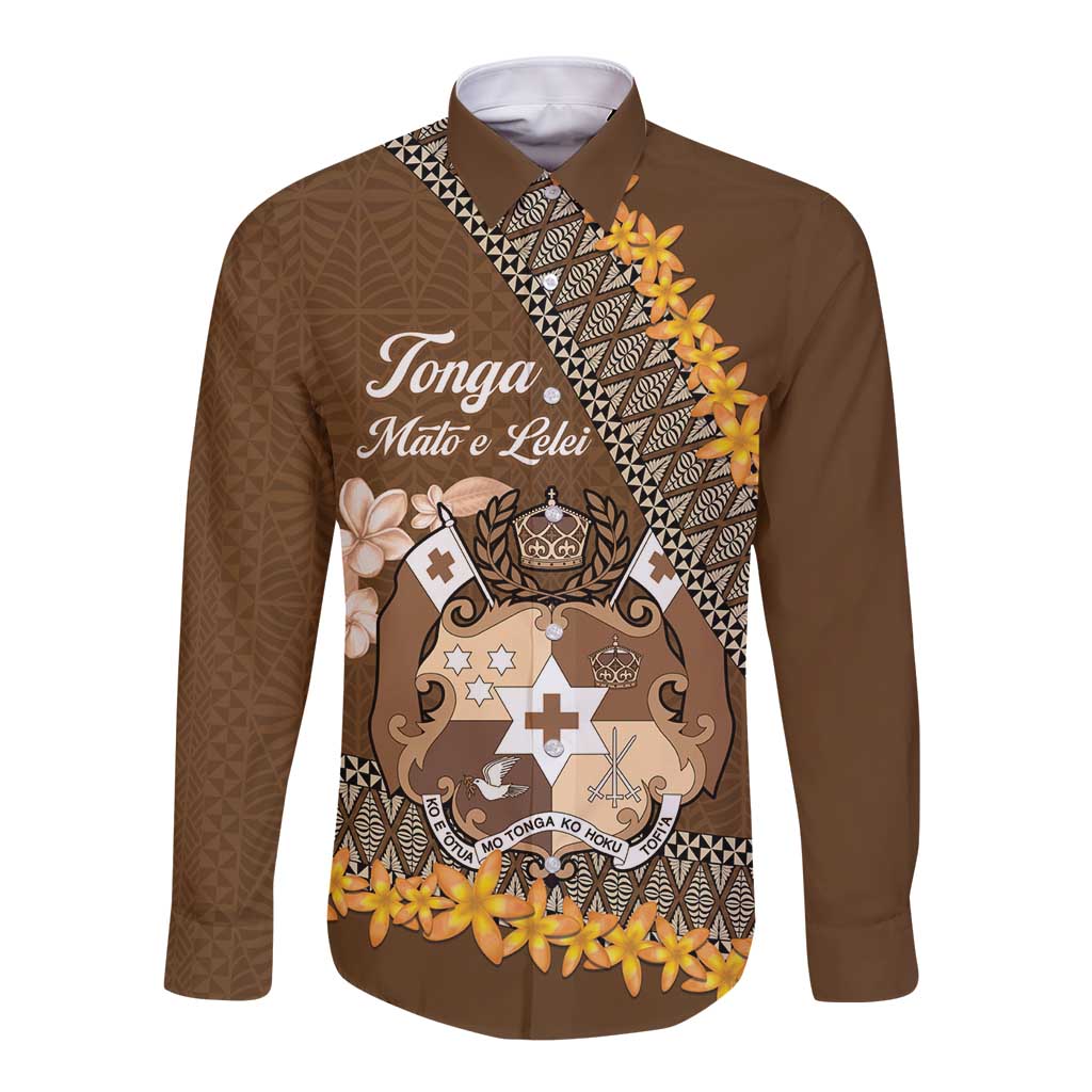Personalised Tonga Language Week Long Sleeve Button Shirt Malo e Lelei Tongan Ngatu Pattern - Brown LT14 Unisex Brown - Polynesian Pride