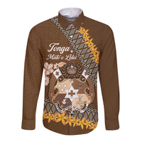 Personalised Tonga Language Week Long Sleeve Button Shirt Malo e Lelei Tongan Ngatu Pattern - Brown LT14 Unisex Brown - Polynesian Pride