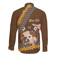 Personalised Tonga Language Week Long Sleeve Button Shirt Malo e Lelei Tongan Ngatu Pattern - Brown LT14 - Polynesian Pride