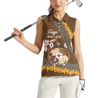 Personalised Tonga Language Week Women Sleeveless Polo Shirt Malo e Lelei Tongan Ngatu Pattern - Brown LT14 - Polynesian Pride